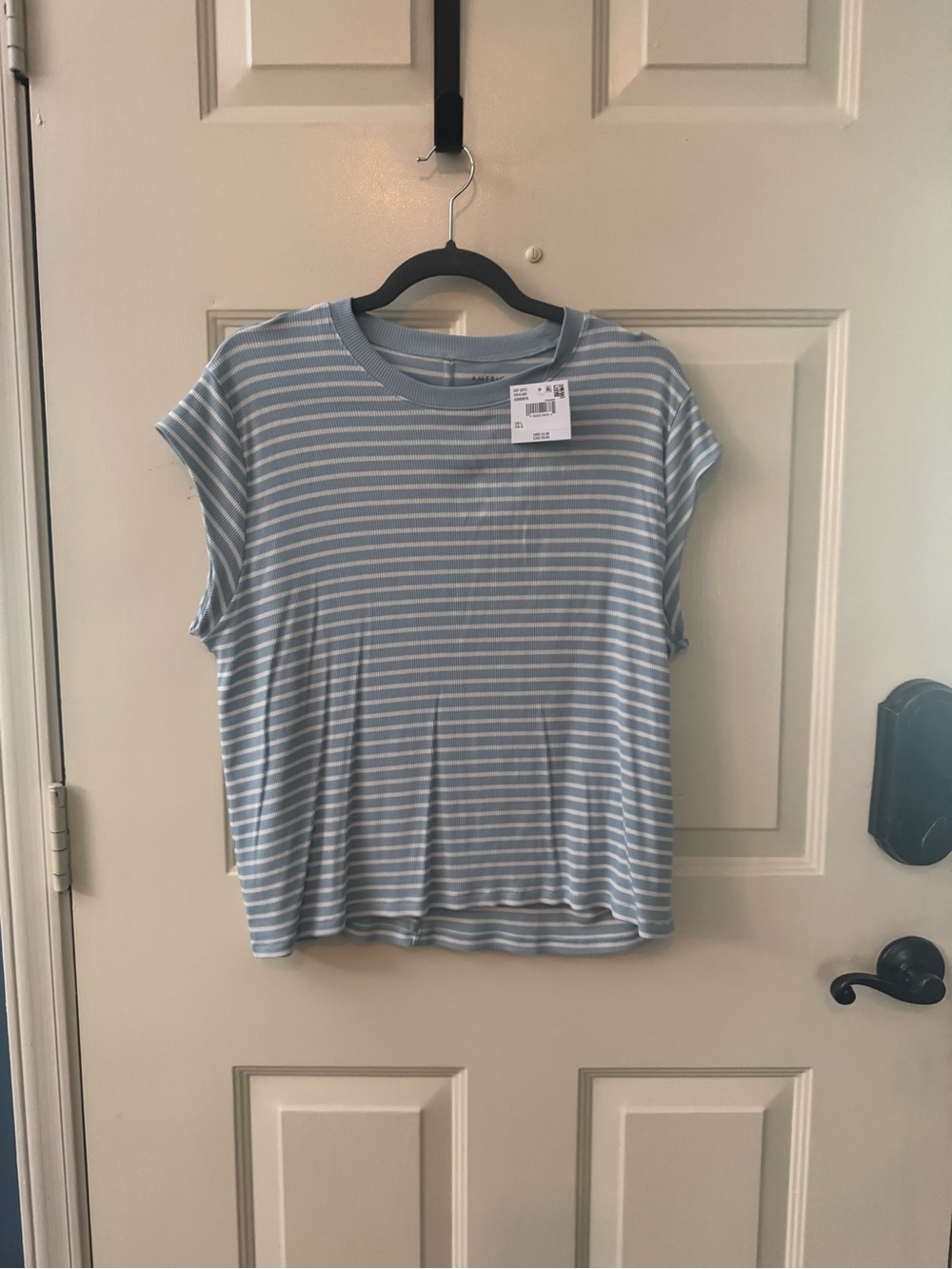 American Eagle Outfitters Light Blue and White Striped Short Sleeve Tee